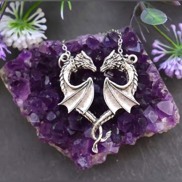 Moon Goddess Emporium Jewelry - 18K White Gold Two Kissing Dragons Heart Necklace